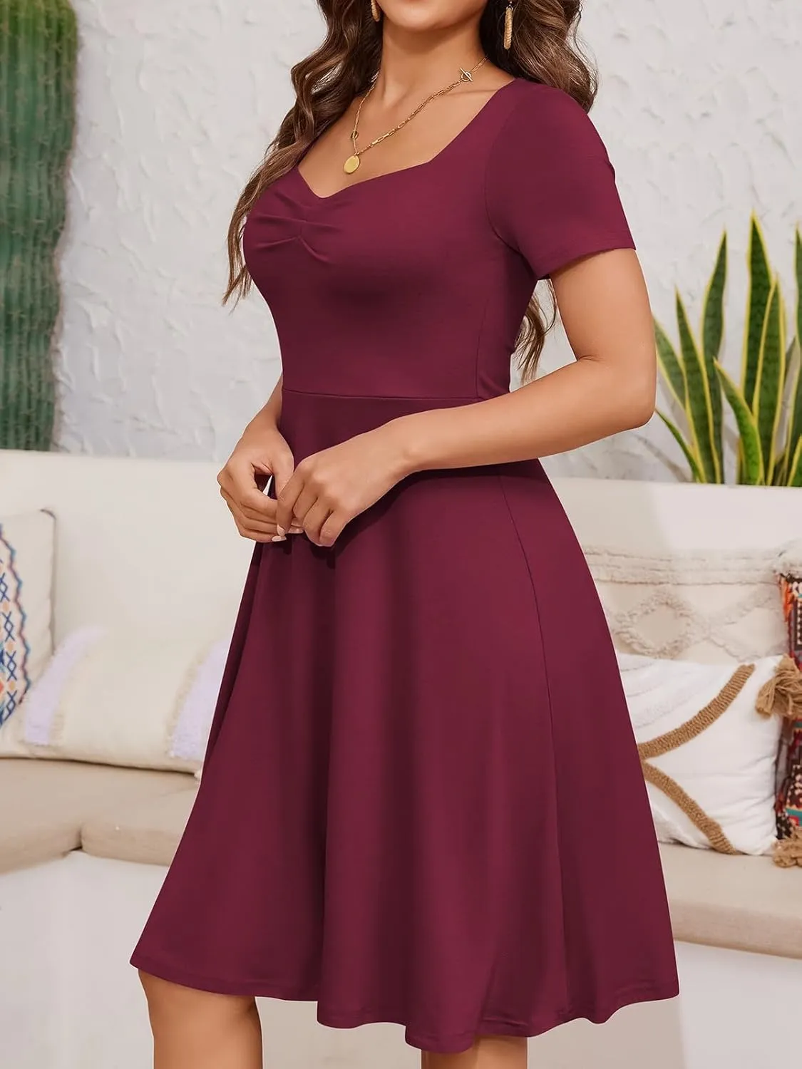 YATHON Dresses for Women 2024 Wedding Guest Knee Length Summer Casual Short Sleeve Cute Sweatheart Neck Milkmaid Aline Dress