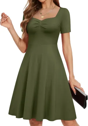 YATHON Dresses for Women 2024 Wedding Guest Knee Length Summer Casual Short Sleeve Cute Sweatheart Neck Milkmaid Aline Dress
