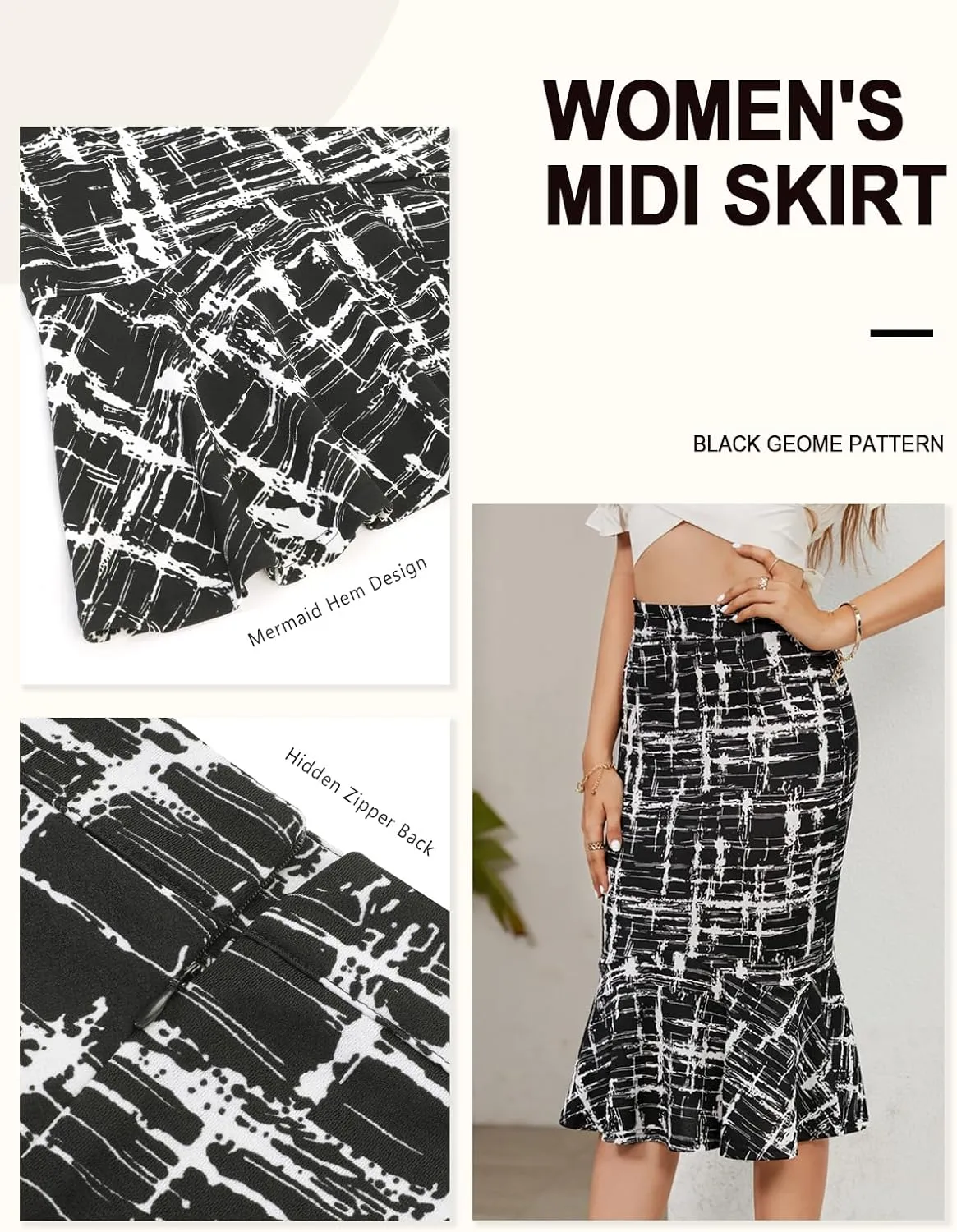 YATHON Pencil Skirt Midi Length for Women High Waist Stretch Work Casual Patterned Mermaid Skirts
