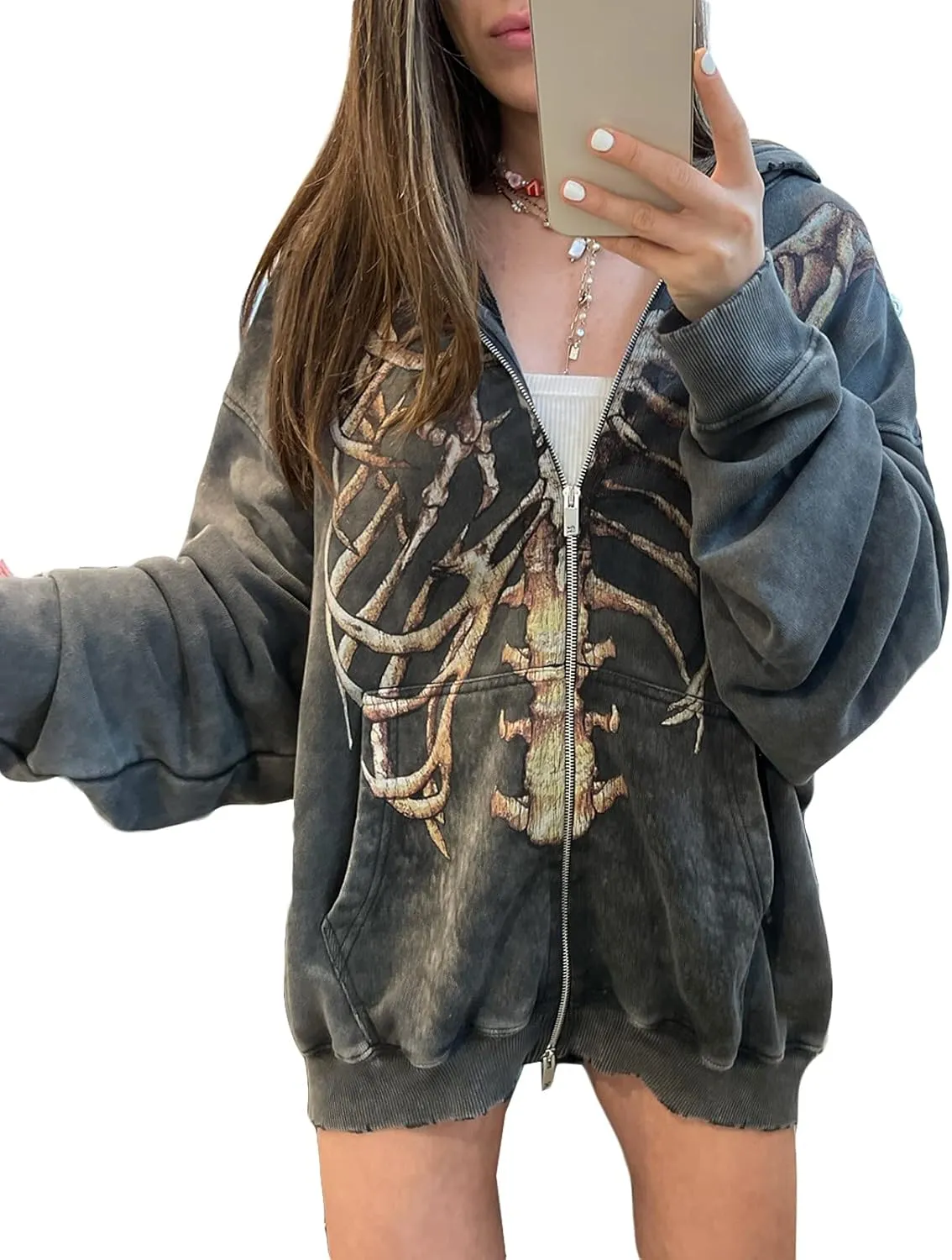 Yoawdats Women Casual Zip Up Hoodie Long Sleeve Vintage Graphic Print Oversized Aesthetic Sweatshirt Y2K Jacket Streetwear