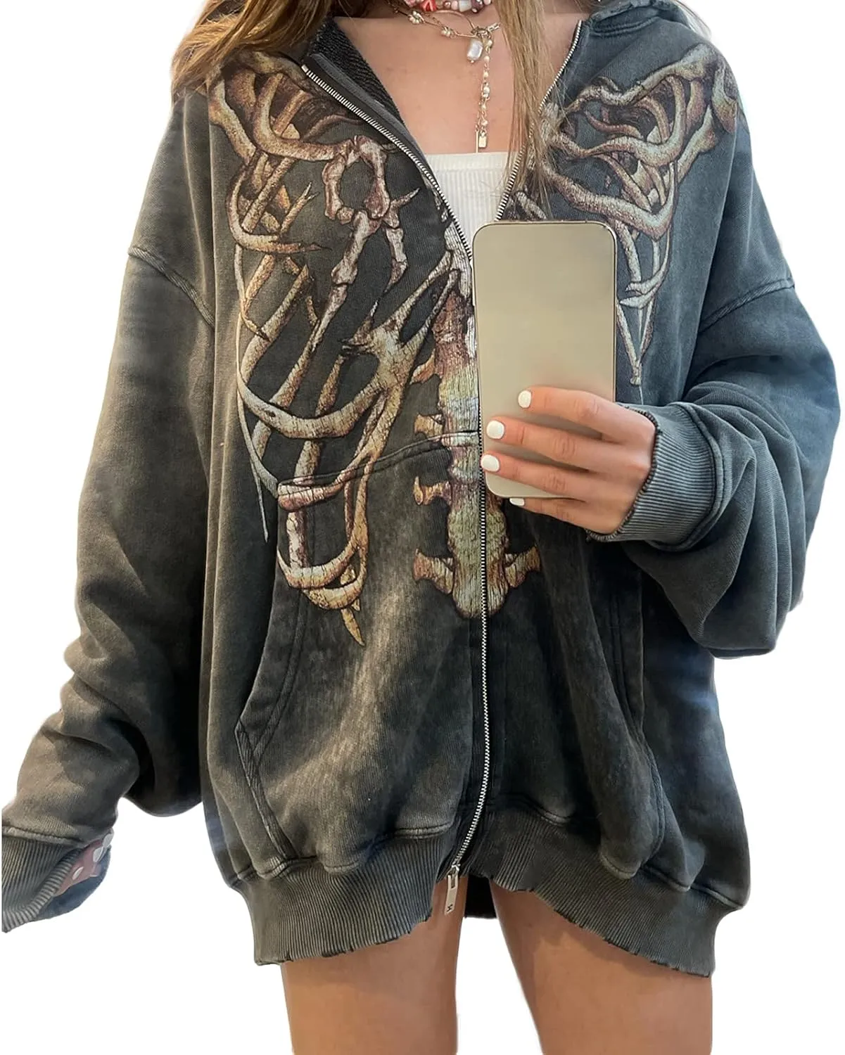 Yoawdats Women Casual Zip Up Hoodie Long Sleeve Vintage Graphic Print Oversized Aesthetic Sweatshirt Y2K Jacket Streetwear
