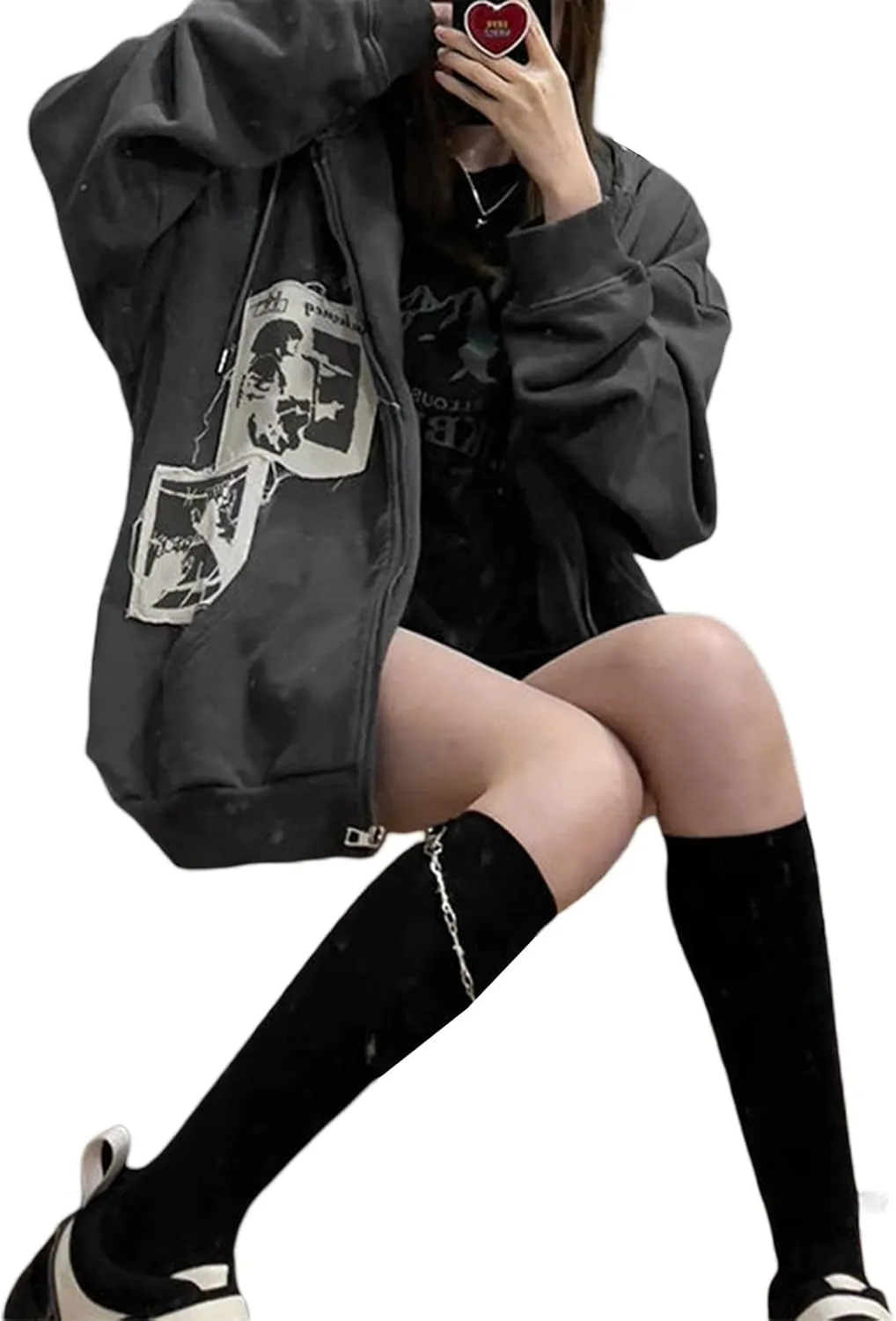 Yoawdats Women's Casual Zip Up Hoodie Vintage Graphic Print Long Sleeve Oversized Aesthetic Sweatshirt Y2K Streetwear Jacket