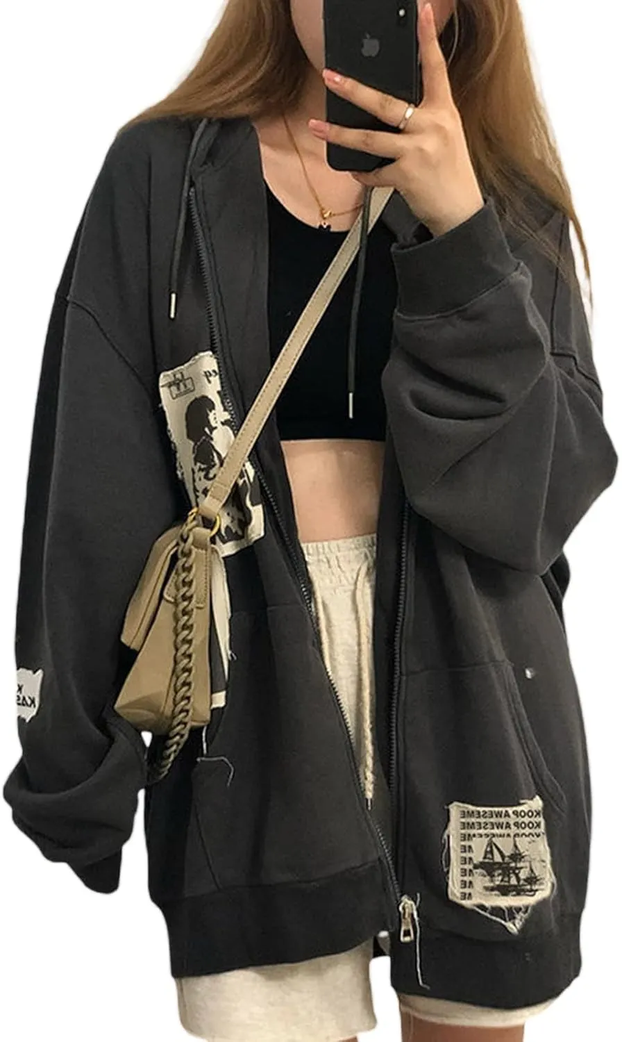 Yoawdats Women's Casual Zip Up Hoodie Vintage Graphic Print Long Sleeve Oversized Aesthetic Sweatshirt Y2K Streetwear Jacket
