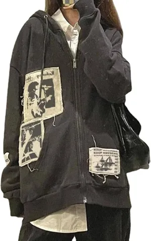 Yoawdats Women's Casual Zip Up Hoodie Vintage Graphic Print Long Sleeve Oversized Aesthetic Sweatshirt Y2K Streetwear Jacket