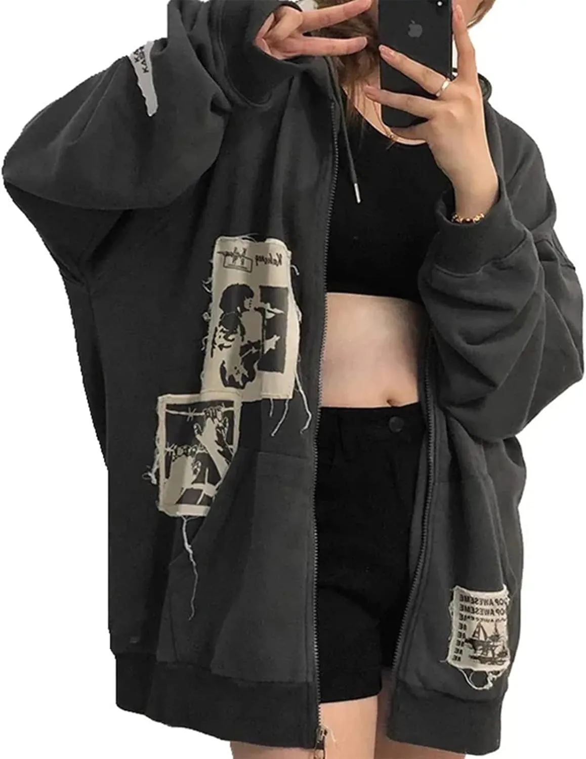 Yoawdats Women's Casual Zip Up Hoodie Vintage Graphic Print Long Sleeve Oversized Aesthetic Sweatshirt Y2K Streetwear Jacket