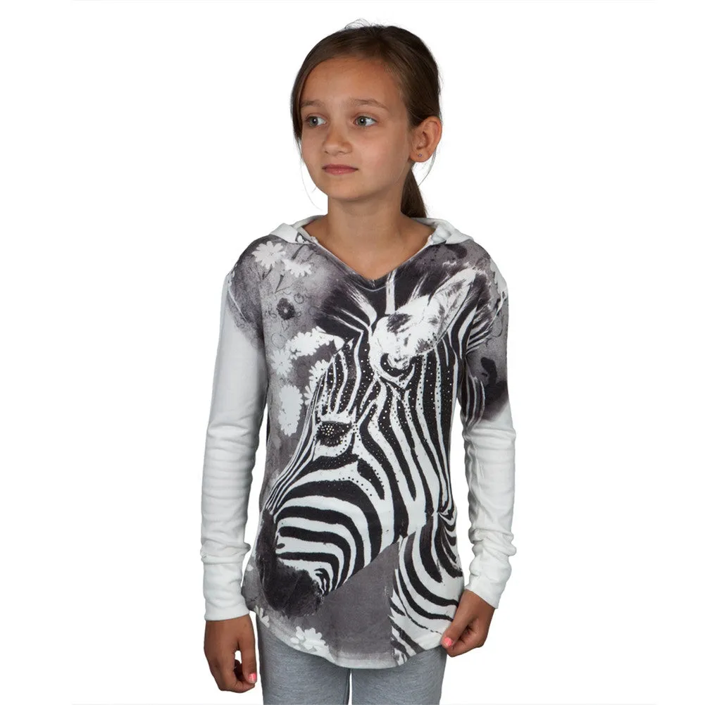 Zebra Portrait Girls Hooded Long Sleeve T-Shirt
